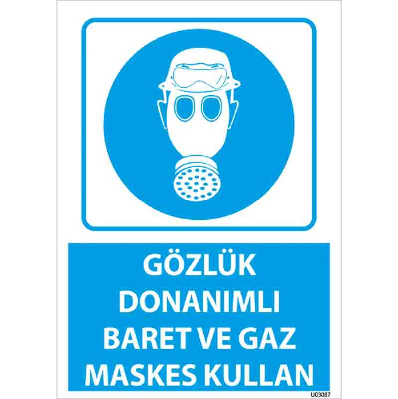 Gözlük Donanımlı Baret ve Gaz Maskesi Kullan Uyarı Levhası resmi
