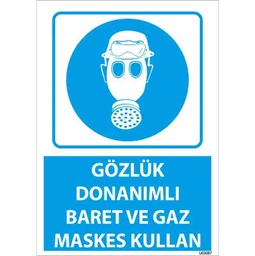 Gözlük Donanımlı Baret ve Gaz Maskesi Kullan Uyarı Levhası için detaylı bilgi göster Gözlük Donanımlı Baret ve Gaz Maskesi Kullan Uyarı Levhası resmi