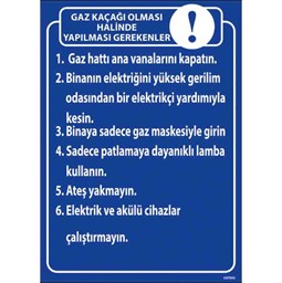 Gaz Kaçağı Talimatı Uyarı Levhası resmi